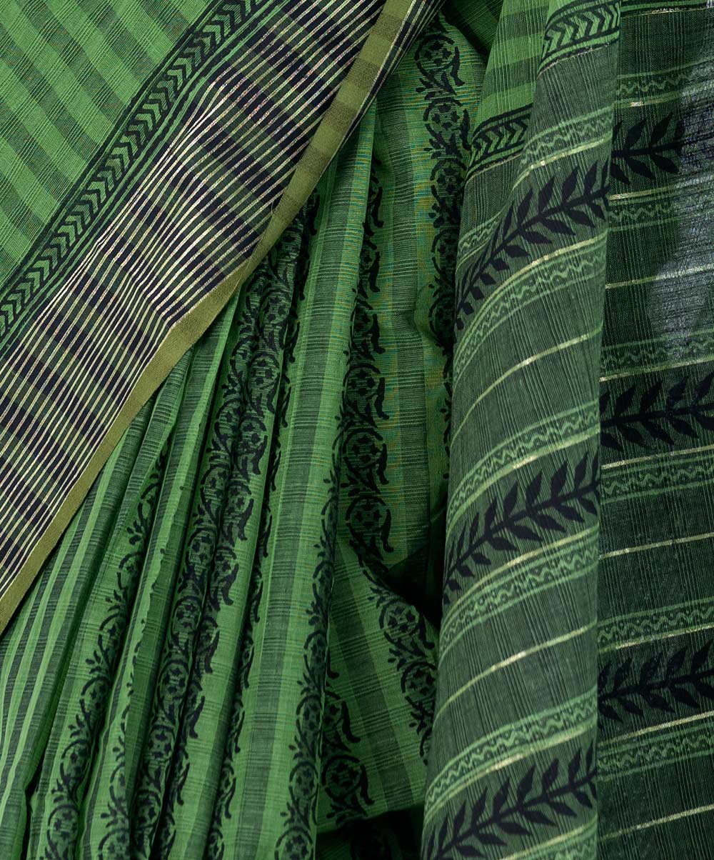 Green - Natural Dyed Block Print Cotton Pipad Saree 08