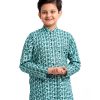 Greenish blue Panjabi in printed Cotton fabric. Designed with a mandarin collar and matching metal buttons on the placket.