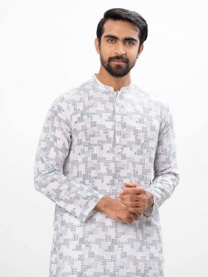 White all-over printed fitted Panjabi in slab Cotton fabric. Designed with a mandarin collar and hidden button placket.