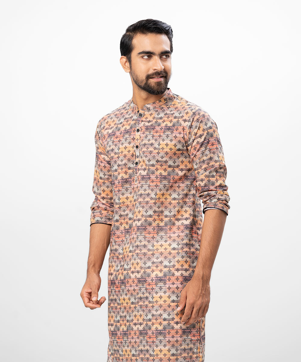 Multi-color Fitted Cotton Panjabi Multi-color fitted Panjabi in printed Cotton fabric. Designed with a mandarin collar and matching metal buttons on the placket.