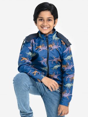 Kids boys dinosaur printed jacket in taffeta fabric. Funnel neck with the hoodie and drawstring cord . front opening zipper and two pockets.