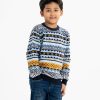 Kid boy's geometric printed sweater in blended cotton knit fabric. Round collar, full sleeves and a straight hem. Featuring narrow ribbing at the collar, cuffs, and hem.