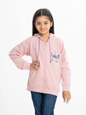 Kid girls long-sleeve hoodie in French terry fabric. Zipper opening at the front, adjustable drawstring at hood. Unicorn print detail at the back & front side with kangaroo pockets.