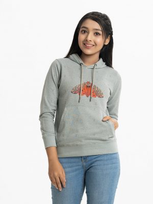 Teen girls printed hoodie sweat shirt in french terry fabric.. Adjustable drawstring at hood. Full sleeves. butterfly print at the front.