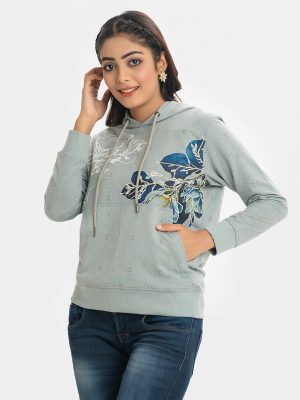 Women's printed hoodie sweat shirt in french terry fabric.. Adjustable drawstring at hood. Full sleeves with kangaroo pockets.