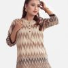 Chevron printed A-line tunic in cotton jacquard fabric. Stand Collar, bishop Sleeved and button fastening at the front.