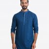 Men's fitted panjabi in jacquard cotton fabric. Karchupi at front and hidden button placket.