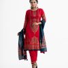Women's ethnic printed salwar kameez in joom fabric. Stand collar, three-quarter sleeves and karchupi at the front of kameez. Half-silk dupatta with pant pajamas.
