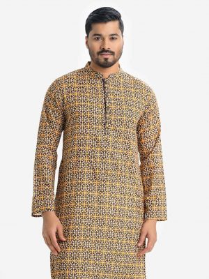 Men's slim fit panjabi in cotton fabric. Mandarin collar, full sleeves. Inseam pockets.