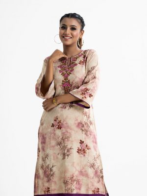 Women's printed straight kameez in jacquard fabric. Round neck, three-quarter sleeves and karchupi at the front.