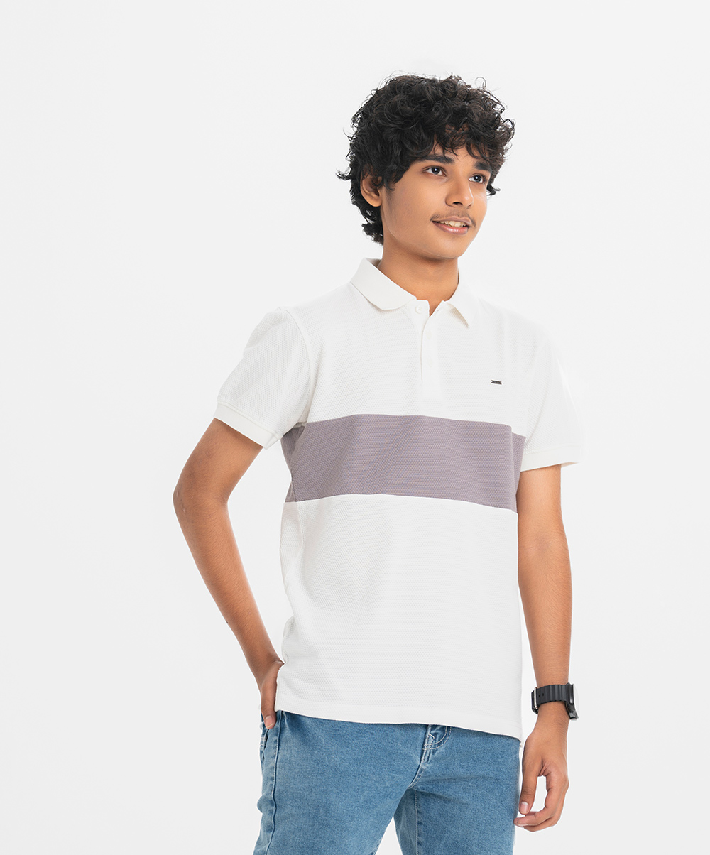 White Bubble knit Short-sleeve Polo Teen boy's short-sleeved polo in bubble knit fabric. Rib collar with straight hem.