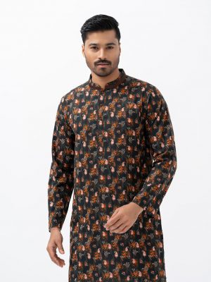 Men's semi-fitted panjabi in cotton fabric. Mandarin collar, inseam pockets and long sleeves.