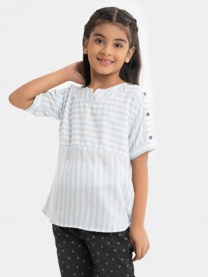 Kid girls' short tunic in cotton stripe fabric. Round neck, short-sleeves and button at yoke.