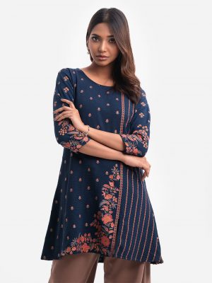 Round neck stretchable georgette tunic with three-quarter sleeves and embroidery.