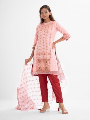 Women's exclusive layer style salwar kameez from the Nargisus by Le Reve. Printed kameez in muslin fabric with a crepe inner. High neck, three-quarter sleeves and heavy karchupi at the front. Muslin dupatta and solid color pajama.