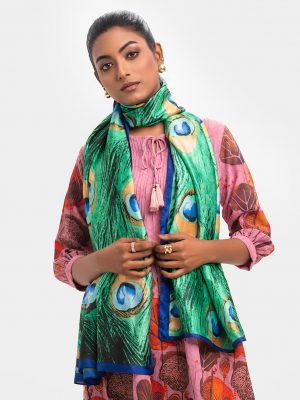 Multi-color long rectangle scarf in soft blended fabric.