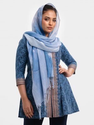 Blue hijab/scarf in soft blended fabric. Fringe detailed.